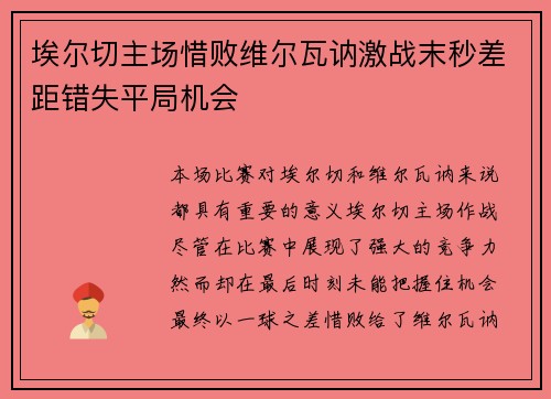 埃尔切主场惜败维尔瓦讷激战末秒差距错失平局机会