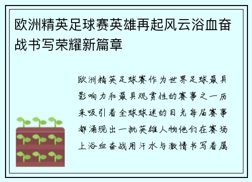 欧洲精英足球赛英雄再起风云浴血奋战书写荣耀新篇章