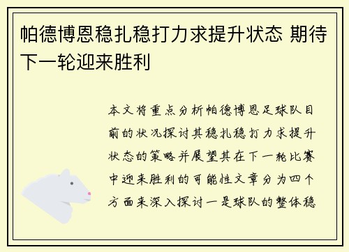 帕德博恩稳扎稳打力求提升状态 期待下一轮迎来胜利