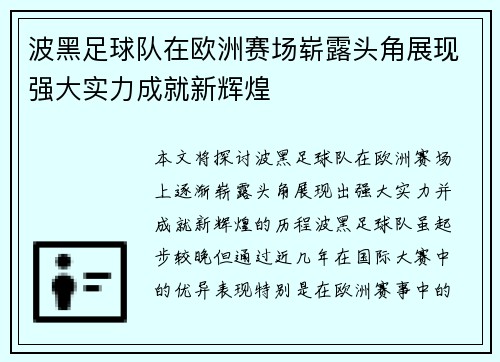 波黑足球队在欧洲赛场崭露头角展现强大实力成就新辉煌