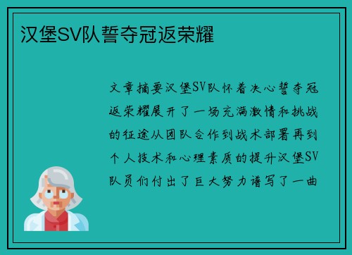 汉堡SV队誓夺冠返荣耀