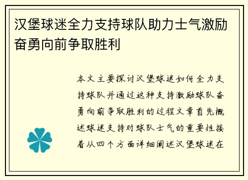 汉堡球迷全力支持球队助力士气激励奋勇向前争取胜利