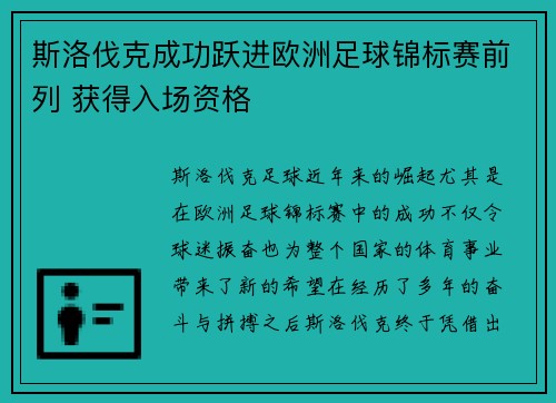 斯洛伐克成功跃进欧洲足球锦标赛前列 获得入场资格