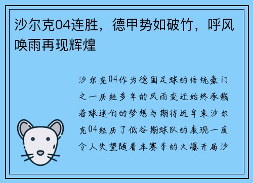 沙尔克04连胜，德甲势如破竹，呼风唤雨再现辉煌