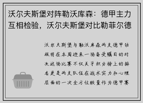 沃尔夫斯堡对阵勒沃库森：德甲主力互相检验，沃尔夫斯堡对比勒菲尔德比分