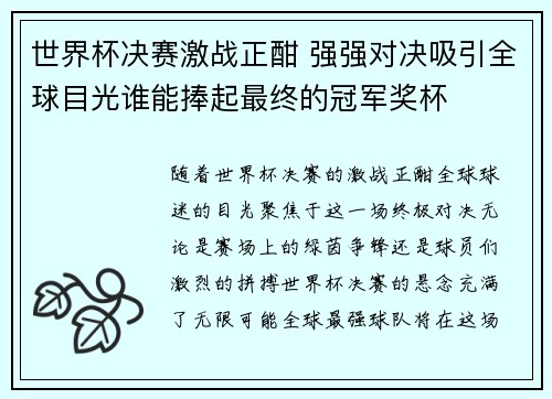 世界杯决赛激战正酣 强强对决吸引全球目光谁能捧起最终的冠军奖杯