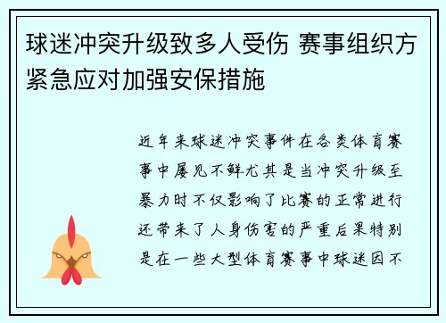 球迷冲突升级致多人受伤 赛事组织方紧急应对加强安保措施