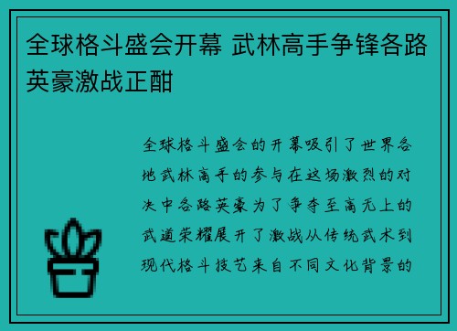 全球格斗盛会开幕 武林高手争锋各路英豪激战正酣